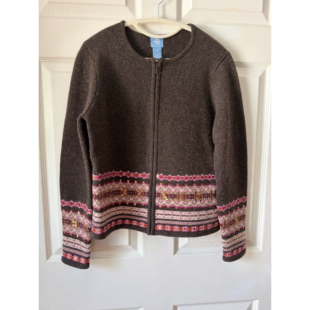 Frost Cardigan Size M Brown Lambswool Zip Sequin Embellished Boho Winter Cottage